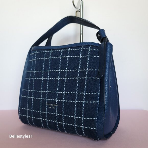 KATE SPADE Knott MEDIUM Denim Check & Leather Crossbody Tote- Indigo Multi⭐ - Picture 5 of 16